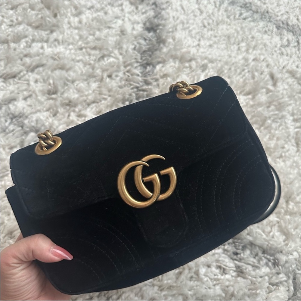 Gucci Black mini Velvet Shoulder Bag with Gold GG Logo